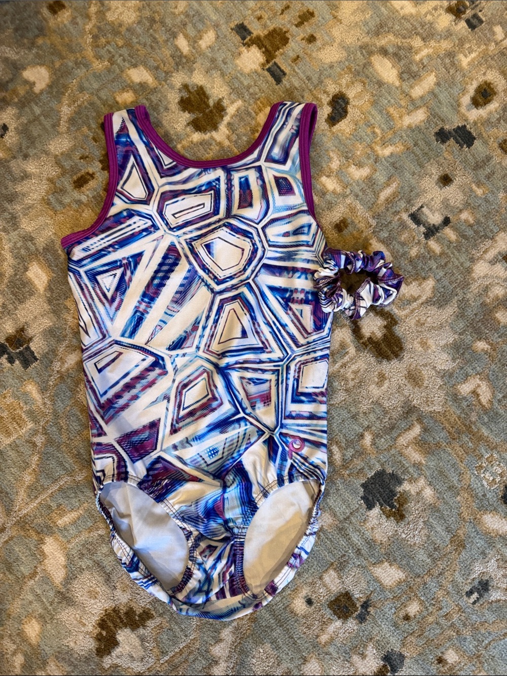 Adult small plum gymnastics leotard with matching scrunchie worn once